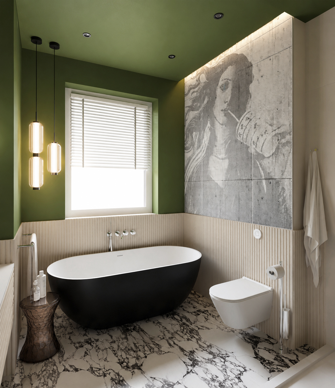 wizualizacja łazienki z wanną w stylu eklektycznym, z fototapetą i nastrojowym oświetleniem, projekt Estilo Design