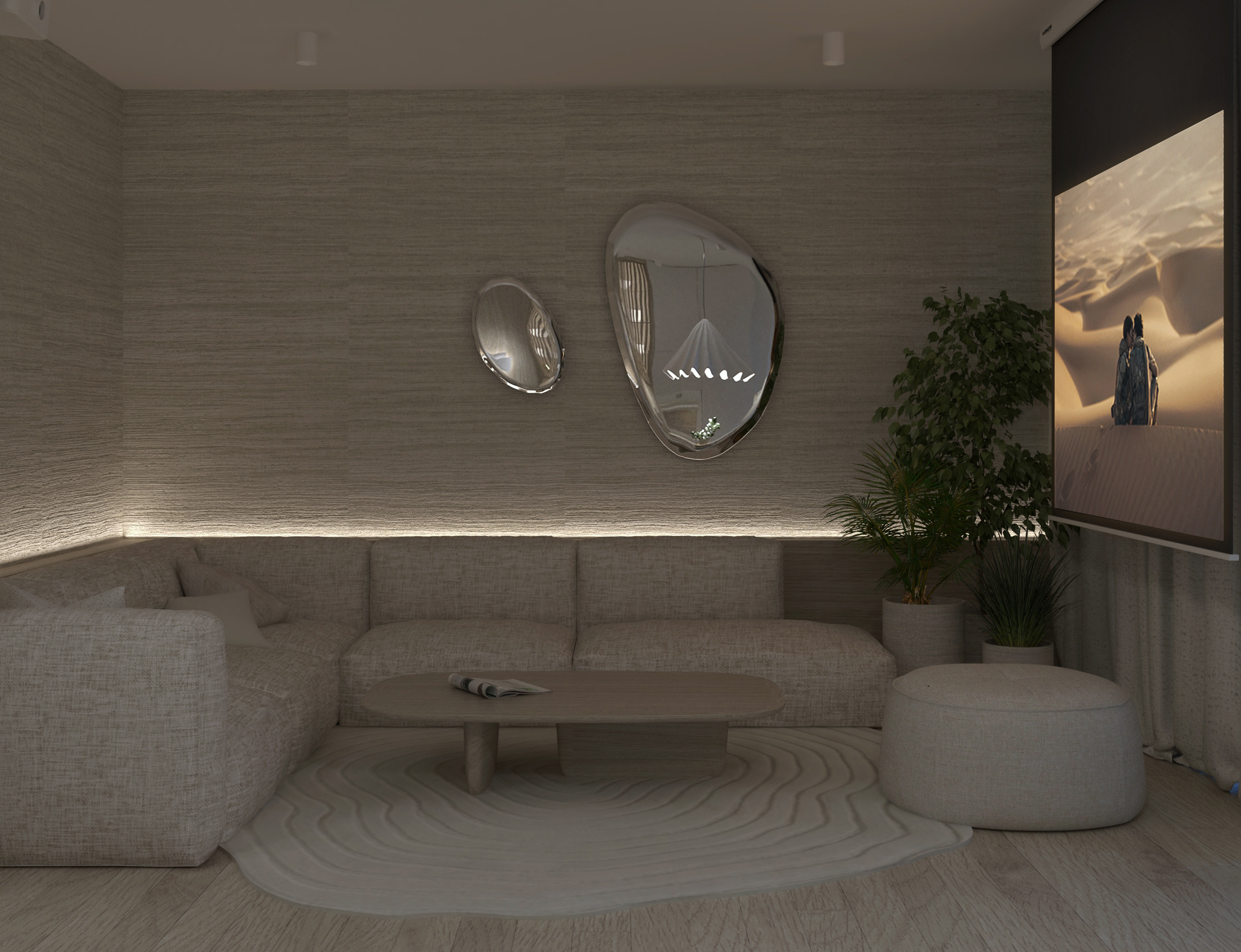 wizualizacja salonu z widokiem na sofę i ekran od projektora z włączonym filmeme, nastorjowe oswietlenie ledowe, projekt Estilo Design